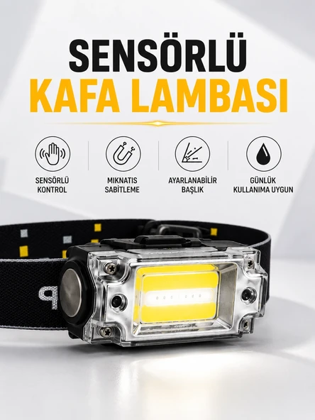 Sensör Kontrollü Şarjlı Beyaz Led Kafa Lambası Ve El Feneri ürün görseli 1