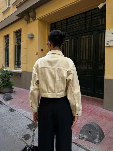 Çift Cep Denim Crop Ceket - Resim 3