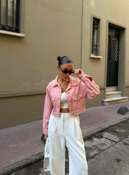 Çift Cep Denim Crop Ceket ürün görseli 1