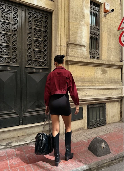 Çift Cep Denim Crop Ceket - Resim 3