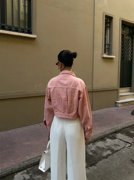 Çift Cep Denim Crop Ceket - Resim 4