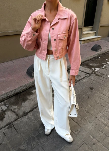 Çift Cep Denim Crop Ceket - Resim 2