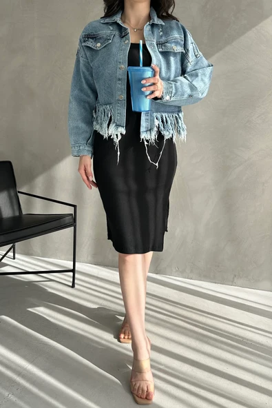 Püskül Detaylı Denim Crop Ceket - Resim 4