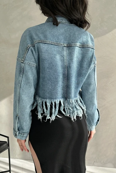 Püskül Detaylı Denim Crop Ceket - Resim 3