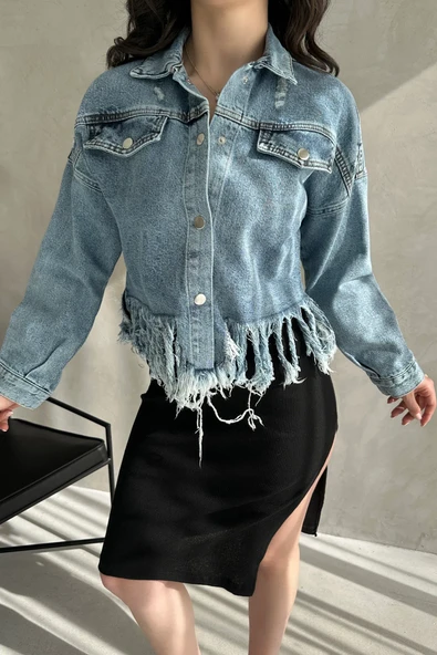 Püskül Detaylı Denim Crop Ceket - Resim 5