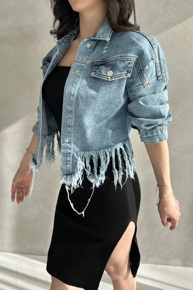Püskül Detaylı Denim Crop Ceket - Resim 2