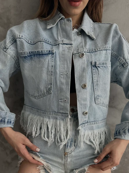 Saçak Detaylı Denim Ceket - Resim 6