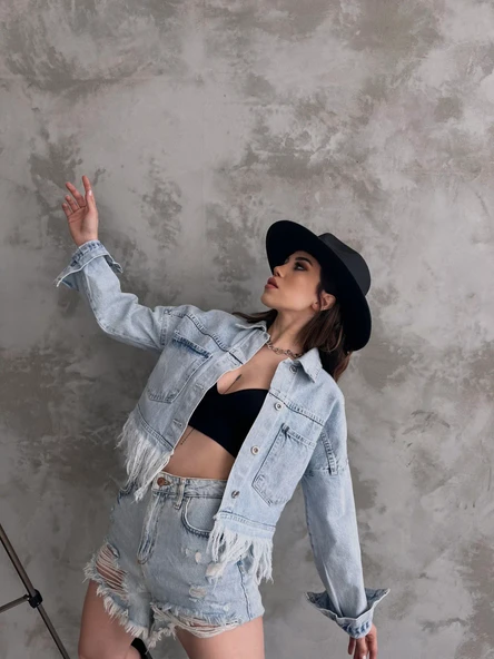 Saçak Detaylı Denim Ceket - Resim 3