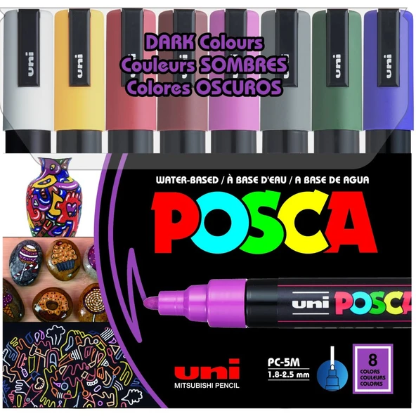 Uni-Ball Posca 1.8-2.5 Su Bazlı Poster Markörü Koyu Renk 8 Li PC-5M/8C ürün görseli 1