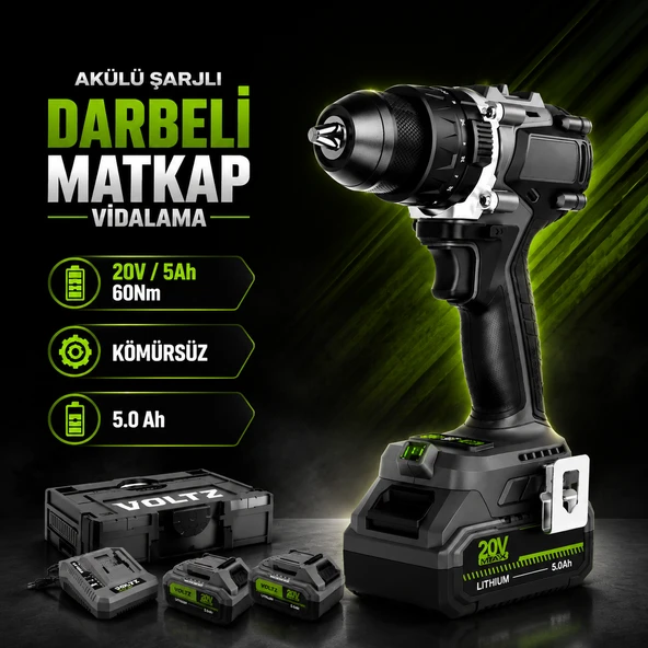 Akülü Darbeli Matkap 20V 5Ah Kömürsüz Çift Akülü 60Nm 13mm Metal Mandren 2 Vites LED Işıklı Vidalama ürün görseli 1
