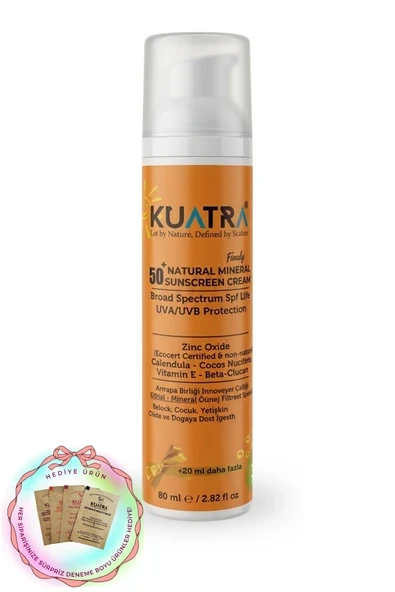 KUATRA SPF 50+ DOĞAL MİNERAL NEM GÜNEŞ KREMİ 80 ML + (20 ML HEDİYE) ürün görseli 1