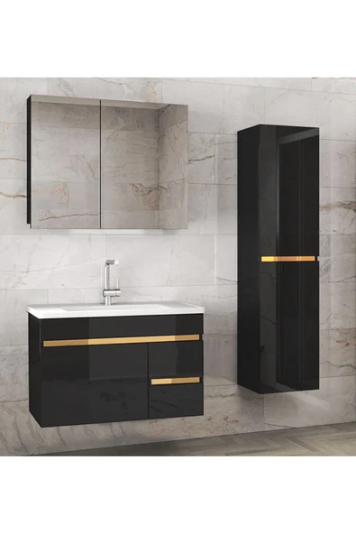 VİOSEN 80+35 SİYAH GOLD KOMPLE MDF SERAMİK LAVABOLU BANYO DOLABI DEMONTE DEĞİL ürün görseli 1