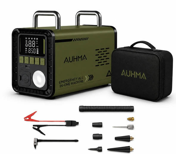 Auhma A8833 Haki 16.000 mAh 5'i 1 Arada Akü Takviye Cihazı Şarjlı Hava Kompresörü Powerbank Vakum Üfleme Dijital Fener ürün görseli 1