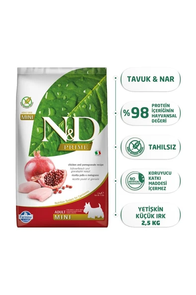 N&D Tavuklu Narlı Küçük Irk Tahılsız Yetişkin Köpek Maması - 2.5 kg ürün görseli 1