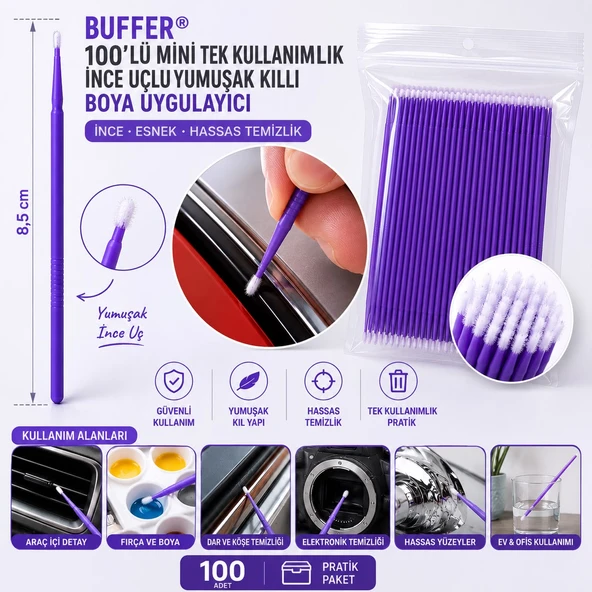 100 lü Mini Tek Kullanımlık Araba Rötüş Fırçası - İnce Uçlu Yumuşak Kıllı Boya Uygulayıcı ürün görseli 1