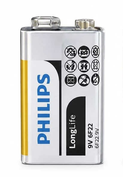 Philips LongLife 9V Kare Pil 6F22 Uzun Ömürlü Çinko Karbon Pil ürün görseli 1