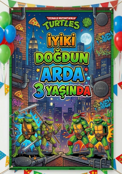 Ninja Kaplumbağ Temalı Doğum Günü Temalı Kişiye Özel İsimli 70x1000 Cm Ölçüsünde Branda Afiş ürün görseli 1