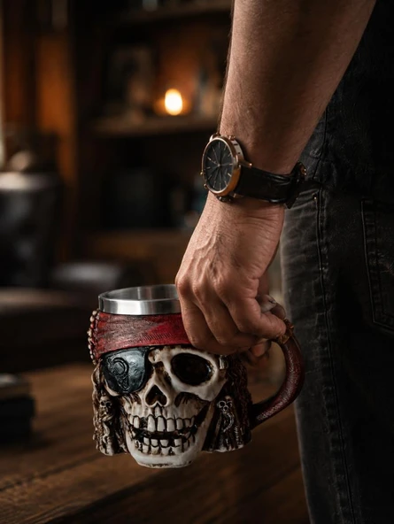 Korsan Kuru Kafa Kupa Bardak 400 ml Paslanmaz Çelik İç Hazneli Dekoratif Skull Mug Kahve Çay Kupası ürün görseli 1