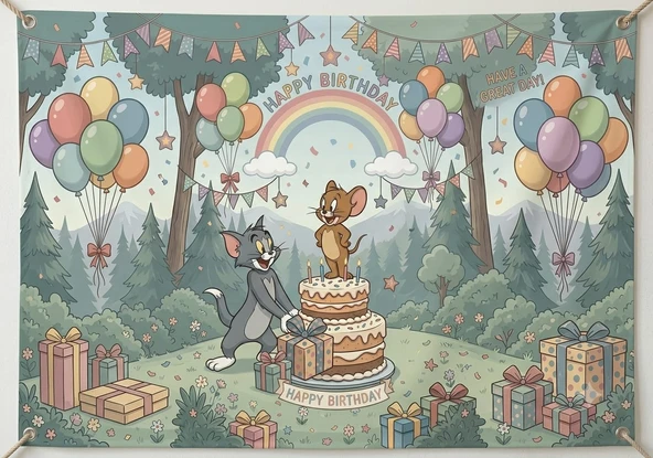 Tom ve Jerry Konseptli Doğum Günü Partisi Branda Afişi (70x100 cm) ürün görseli 1