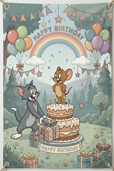 Tom ve Jerry Konseptli Doğum Günü Partisi Branda Afişi (100x150 cm) ürün görseli 1