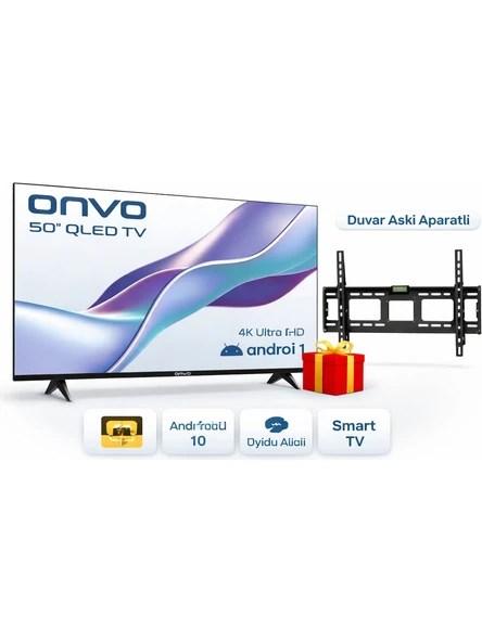 Onvo 50" QLED Tv Android 10 Smart Tv Dahili Uydu Alıcılı 4K Ultra Hd + Dreamstar Tv Duvar Askı Aparatı ürün görseli 1