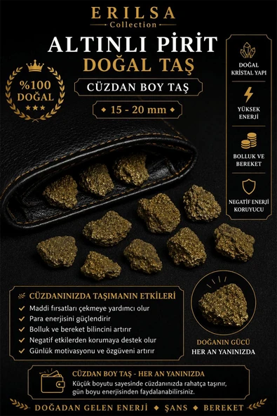 Sertifikalı Altınlı Pirit Cüzdan Taşı Kütle 15-20 mm Doğal Taş Kütle Bereket Taşı ürün görseli 1