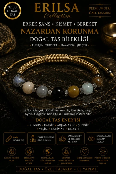 Sertifikalı Erkek Şans Kısmet Bereket Nazardan Korunma Doğal Taş Bilekliği - Ayarlamalı Unisex Lüks ürün görseli 1