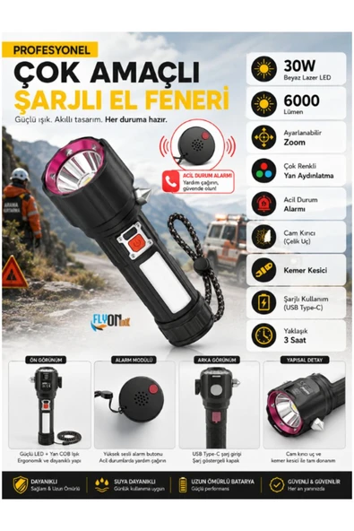 Profesyonel Çok Fonksiyonlu Şarjlı El Feneri 6000 Lümen Acil Durum Ses Alarmı Deprem Afet Kamp ve Araç Lambası Cam Kıracaklı ve Halat Kesici ürün görseli 1