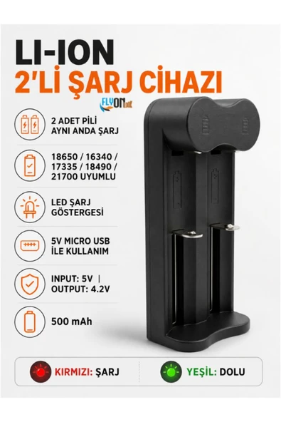 LI-ION 2’li Pil Şarj Cihazı 18650 21700 Uyumlu LED Göstergeli Micro USB Lityum Pil Şarj Aleti Fener ve Cihaz Pili ürün görseli 1