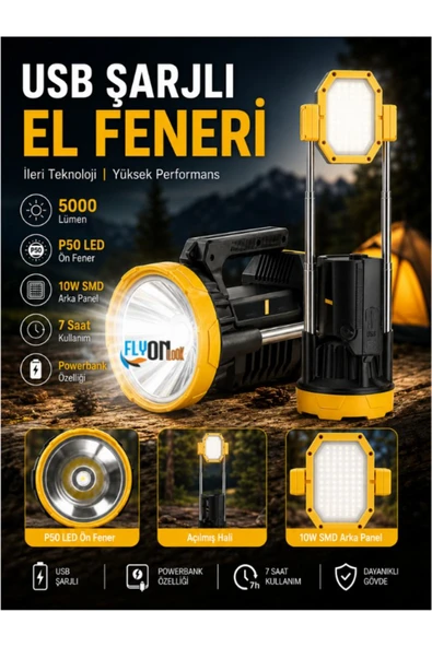 Fonksiyonlu Şarjlı El Feneri 5000 Lümen P50 LED Güçlü Işık Yükselebilir Arka Panel Lamba SOS Kırmızı Mavi Flaşör Kamp,Araç,Acil Durum ürün görseli 1