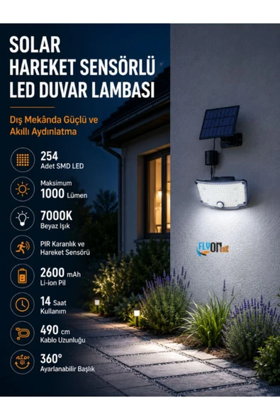 Kumandalı Solar Hareket Sensörlü LED Duvar Lambası 1000 Lümen 7W 254 SMD Dış Mekan Bahçe Aydınlatma 490 cm Kablolu Güneş Enerji 10 Saat ürün görseli 1