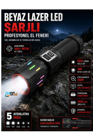 5000 Lümen Zoomlu Şarjlı El Feneri Beyaz Lazer LED Güçlü Işık Profesyonel Kamp Lambası Powerbank Özellikli ürün görseli 1