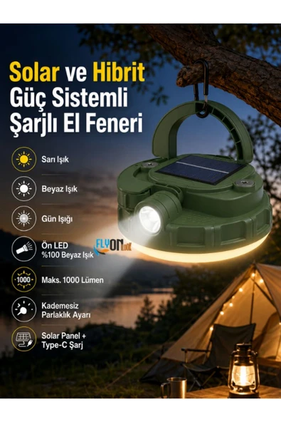 Solar ve Hibrit Güç Sistemli Şarjlı El Feneri 10W LED 1000 Lümen Pil ile Kullanımlı Kamp Lambası Sarı Beyaz Gün Işığı ürün görseli 1