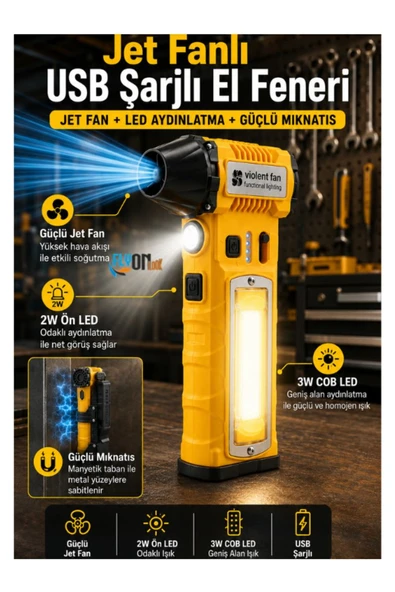 Jet Fanlı USB Şarjlı El Feneri 2W Ön LED 3W COB LED Işık 800 Lümen Fanlı Lamba Mıknatıslı Aparatlı Çok Fonksiyonlu ürün görseli 1