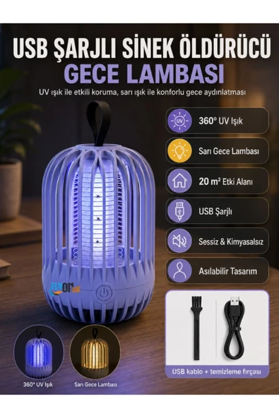 USB Şarjlı Sinek ve Sivrisinek Kovucu Gece Lambası 360° UV Işık Sarı Işık Modlu 20 m² Etki Alanlı Taşınabilir Lamba ürün görseli 1