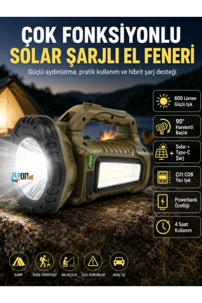 Solar Şarjlı El Feneri 600 Lümen 90° Hareketli Başlık COB Yan Işık Powerbank Özellikli Kamp ve Acil Durum Lambası Güneş Enerjili ürün görseli 1