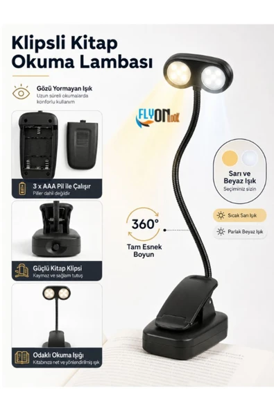 Gözü Yormayan Klipsli Kitap Okuma Işığı 3W SMD LED Mandallı Pilli Lamba 360° Esnek Boyun Sarı ve Beyaz Işık ürün görseli 1
