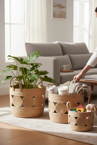 Akayev Nature Hasır 3lü Yuvarlak El Örmesi Saksı ve Organizer Magazinlik ürün görseli 1