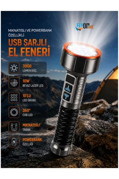 Mıknatıslı Powerbank Özellikli USB Şarjlı El Feneri 3000 Lümen 10W LED Güçlü Işık 360° COB Aydınlatma Kamp Lambası ürün görseli 1