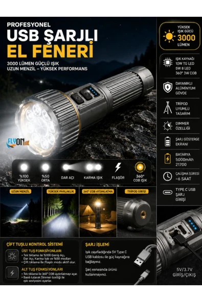 USB Şarjlı Profesyonel El Feneri 3000 Lümen 10W TG LED Tripod Uyumlu Güçlü Işık Kamp Lambası Fener ürün görseli 1