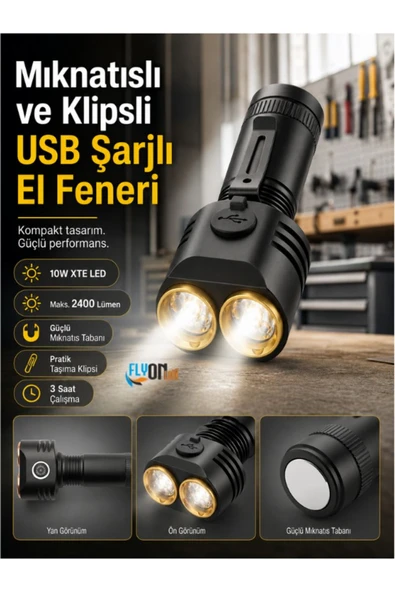 Mıknatıslı Klipsli USB Şarjlı El Feneri 10W XTE LED 2400 Lümen Type-C Şarjlı Güçlü Işık Kamp Tamir Lamba ürün görseli 1