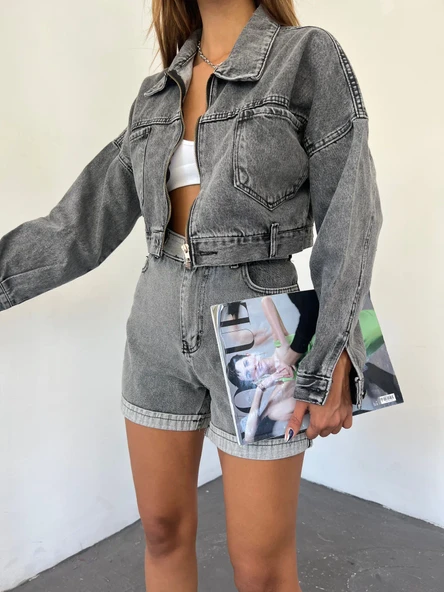 Fermuarlı Çift Cepli Denim Ceket - Resim 2