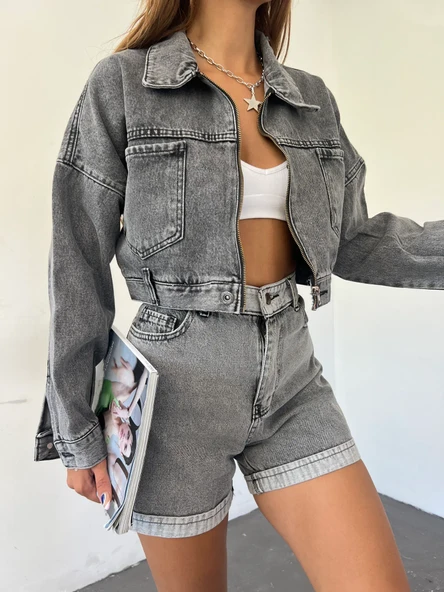 Fermuarlı Çift Cepli Denim Ceket - Resim 6