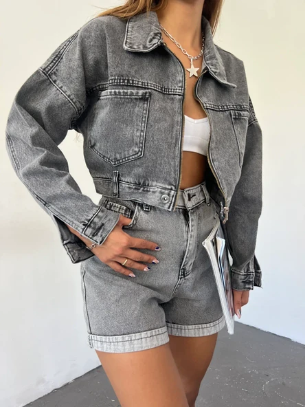 Fermuarlı Çift Cepli Denim Ceket - Resim 7