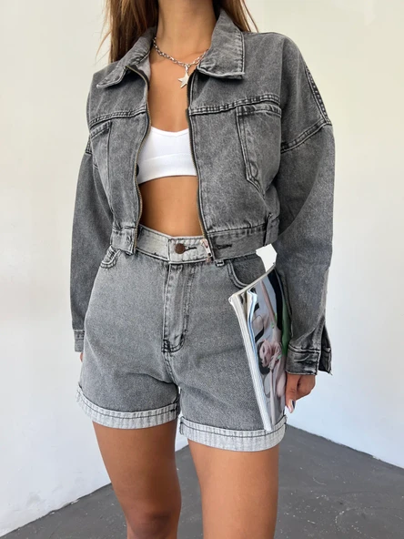 Fermuarlı Çift Cepli Denim Ceket - Resim 4