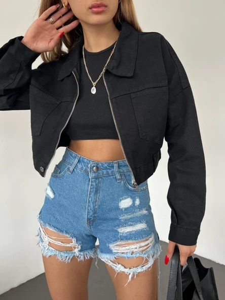 Fermuarlı Çift Cepli Denim Ceket - Resim 3
