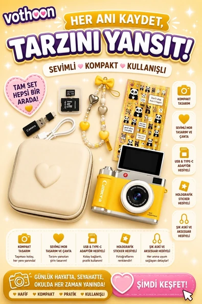 4K Çantalı Dijital Video Kamera 48Mp 16X Zoom Işıklı (32Gb) Kart Dijital Fotoğraf Makinesi Sarı ürün görseli 1