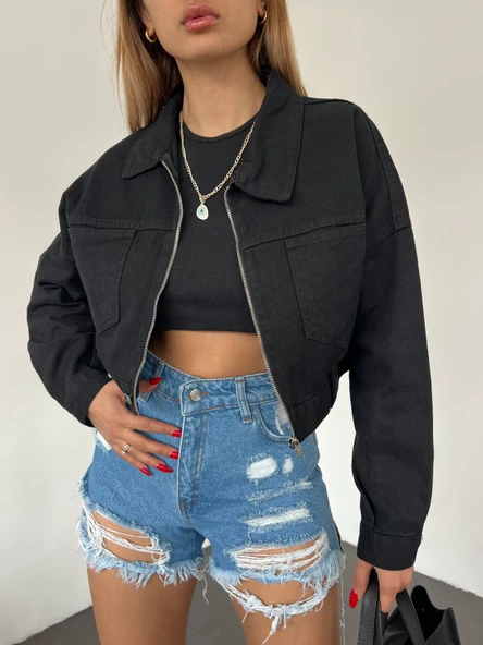 Fermuarlı Çift Cepli Denim Ceket - Resim 5