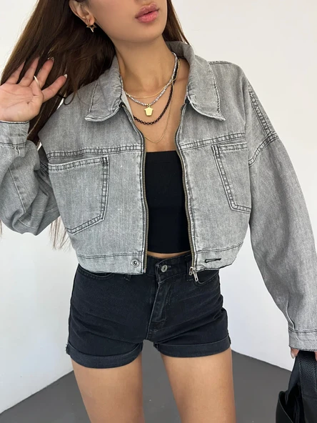 Fermuarlı Çift Cepli Denim Ceket - Resim 3