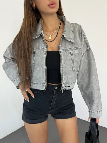 Fermuarlı Çift Cepli Denim Ceket - Resim 5